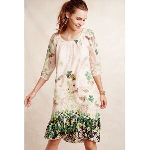 Anthropologie VANESSA VIRGINIA Size S Rainforest‎ 100% SILK Dress Green Floral